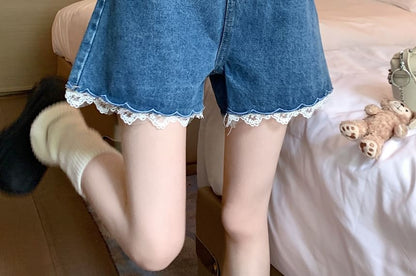 Denim High Dotted Waist Shorts Washed