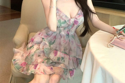 Dress Mini Sleeveless Print Floral V-Neck Ruffle A-Line