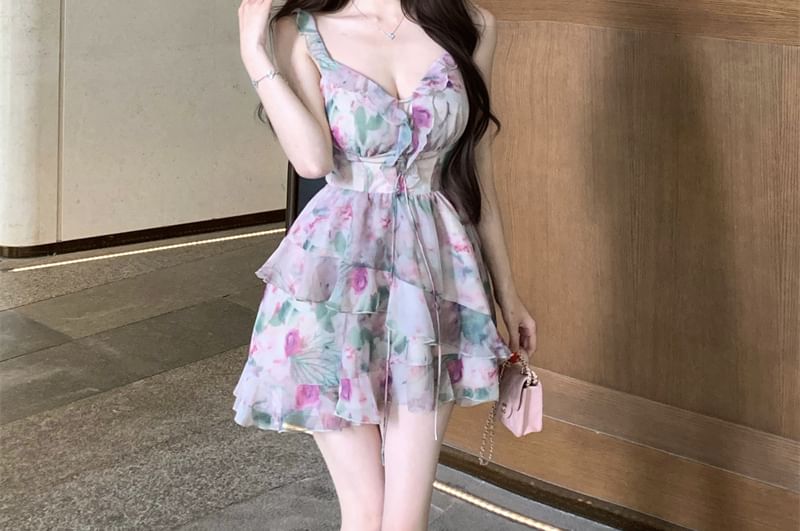 Dress Mini Sleeveless Print Floral V-Neck Ruffle A-Line