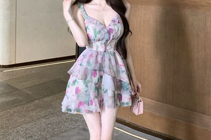 Dress Mini Sleeveless Print Floral V-Neck Ruffle A-Line