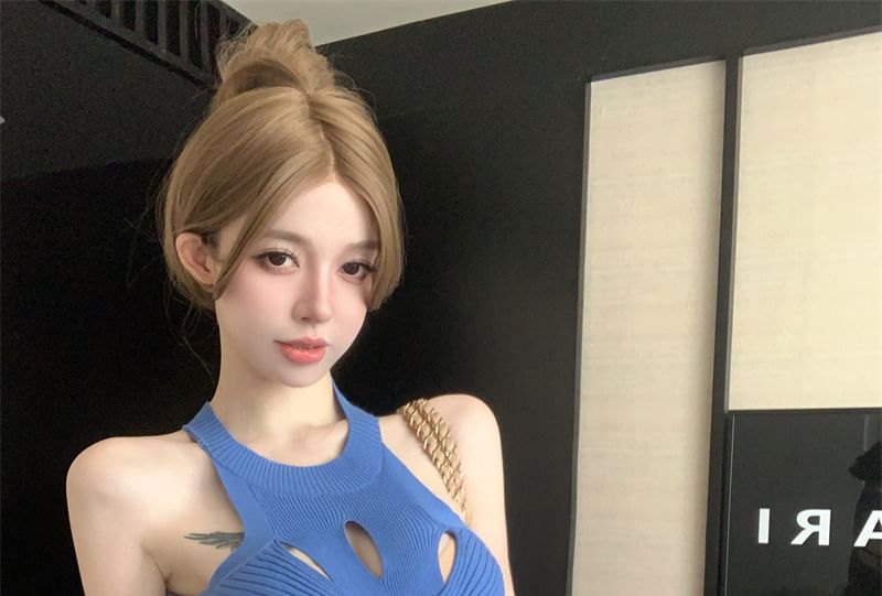 Top Cutout Knit Ribbed Slit Plain Halter