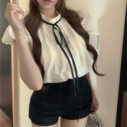 Sleeve Collar Plain Bow Cap / Waist Shorts High Blouse Stand Frill