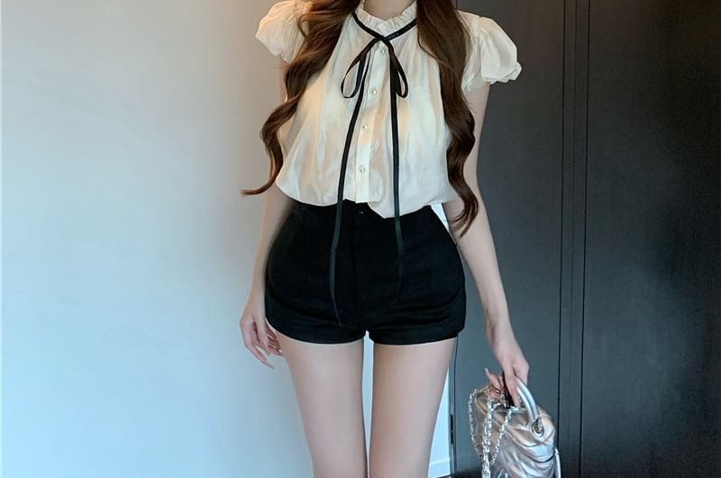 Sleeve Collar Plain Bow Cap / Waist Shorts High Blouse Stand Frill