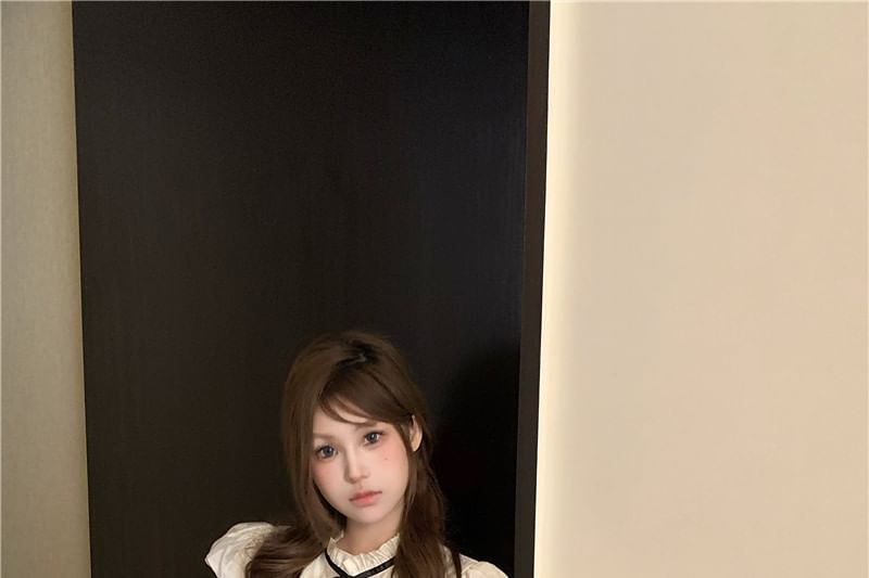 Sleeve Collar Plain Bow Cap / Waist Shorts High Blouse Stand Frill