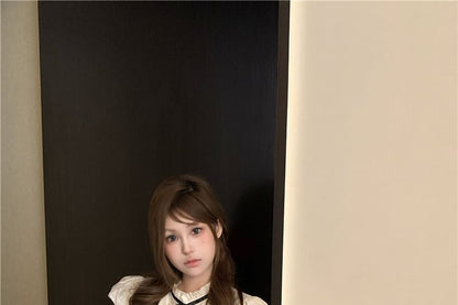 Sleeve Collar Plain Bow Cap / Waist Shorts High Blouse Stand Frill