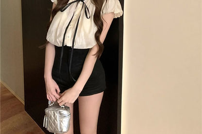 Sleeve Collar Plain Bow Cap / Waist Shorts High Blouse Stand Frill