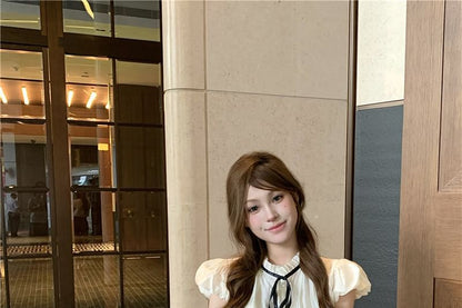 Sleeve Collar Plain Bow Cap / Waist Shorts High Blouse Stand Frill