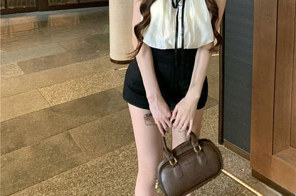 Sleeve Collar Plain Bow Cap / Waist Shorts High Blouse Stand Frill