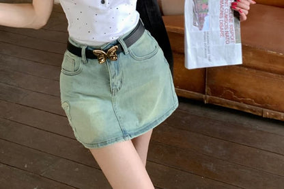 Applique Washed A-Line Mini Skirt Denim High Butterfly Rise