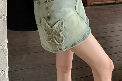 Applique Washed A-Line Mini Skirt Denim High Butterfly Rise