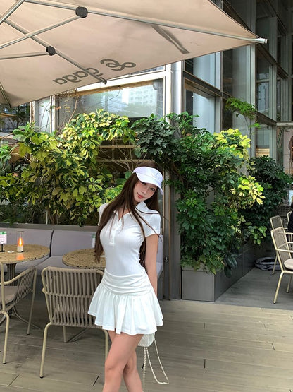 Plain Dress Short A-Line Polo Sleeve Ruched Mini