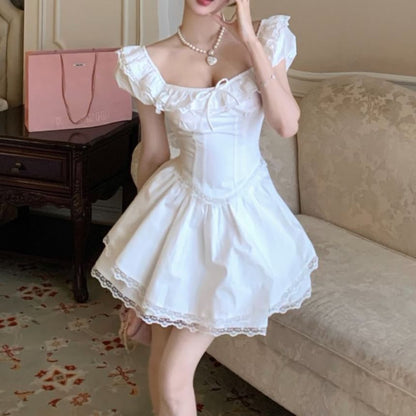 Sleeve Blouse Lace Ruffle Mini A-Line Skirt / Waist Plain Neck Square Cap Trim Bow High