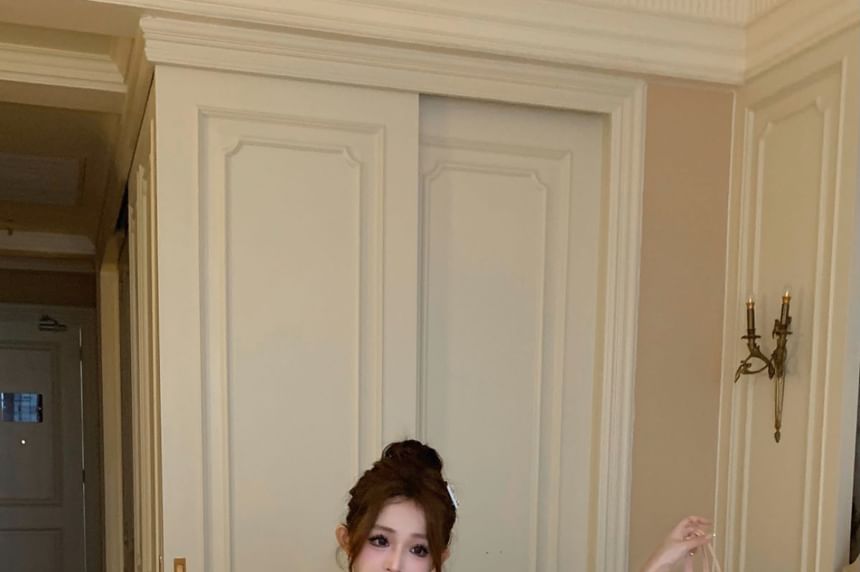 Sleeve Blouse Lace Ruffle Mini A-Line Skirt / Waist Plain Neck Square Cap Trim Bow High