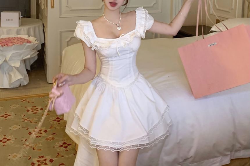 Sleeve Blouse Lace Ruffle Mini A-Line Skirt / Waist Plain Neck Square Cap Trim Bow High