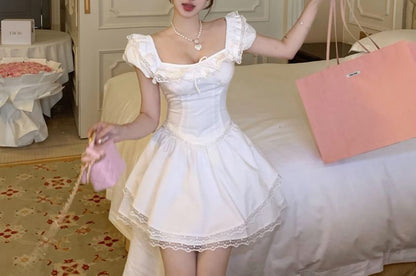 Sleeve Blouse Lace Ruffle Mini A-Line Skirt / Waist Plain Neck Square Cap Trim Bow High