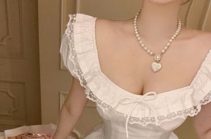 Sleeve Blouse Lace Ruffle Mini A-Line Skirt / Waist Plain Neck Square Cap Trim Bow High