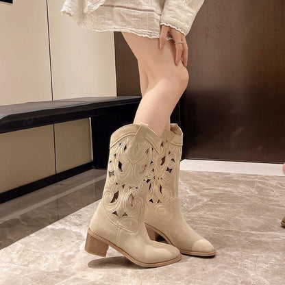 Mid-Calf Embroidered Chunky Boots Heel Cutout