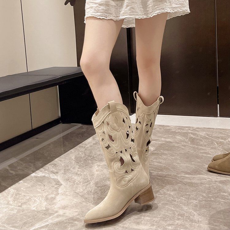 Mid-Calf Embroidered Chunky Boots Heel Cutout