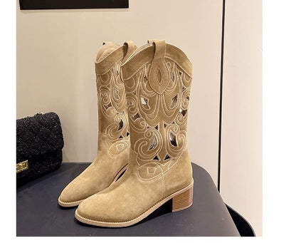 Mid-Calf Embroidered Chunky Boots Heel Cutout