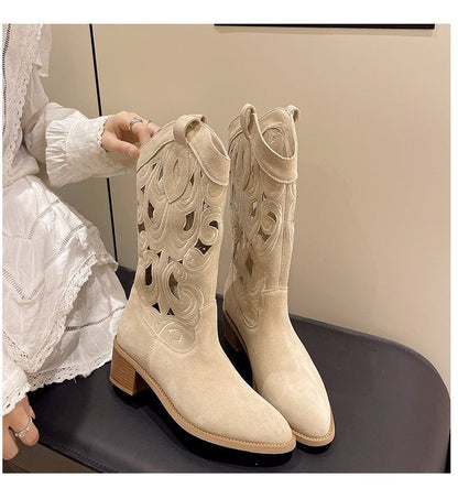 Mid-Calf Embroidered Chunky Boots Heel Cutout