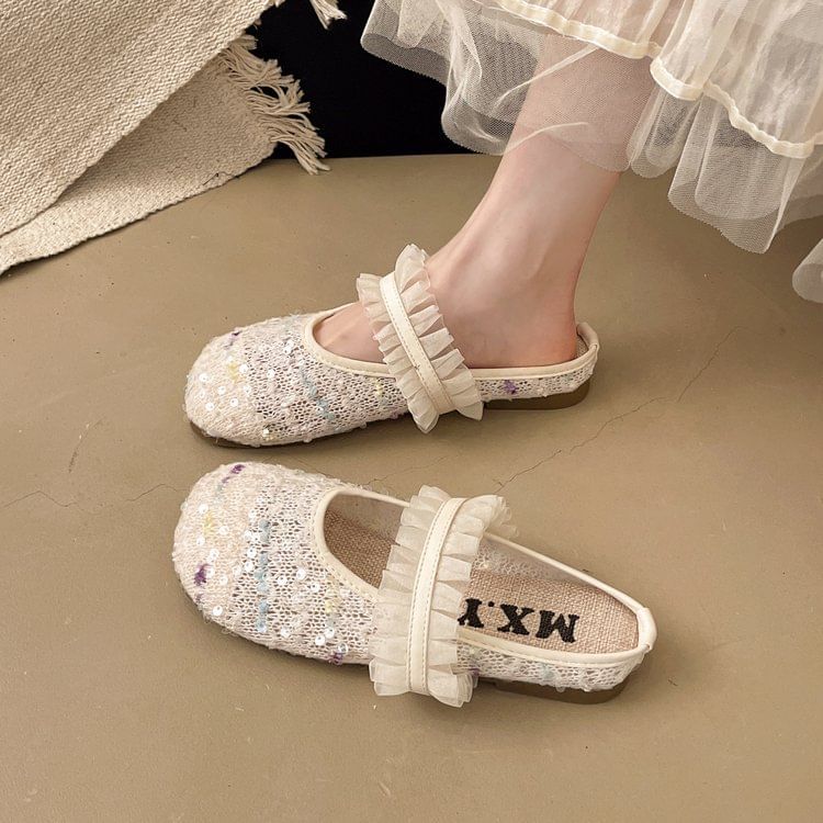 Toe Jane Mules Round Mary Mesh Sequin