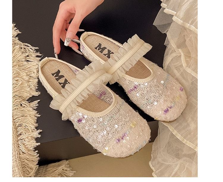 Toe Jane Mules Round Mary Mesh Sequin