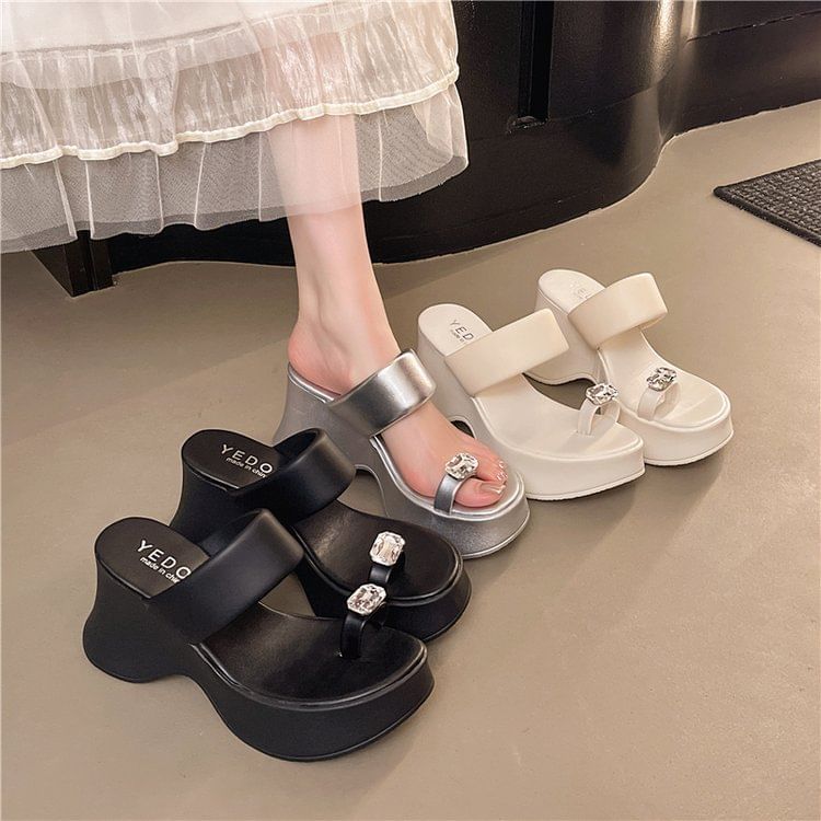 Toe Wedge Loop Platform Slide Rhinestone Heel Sandals