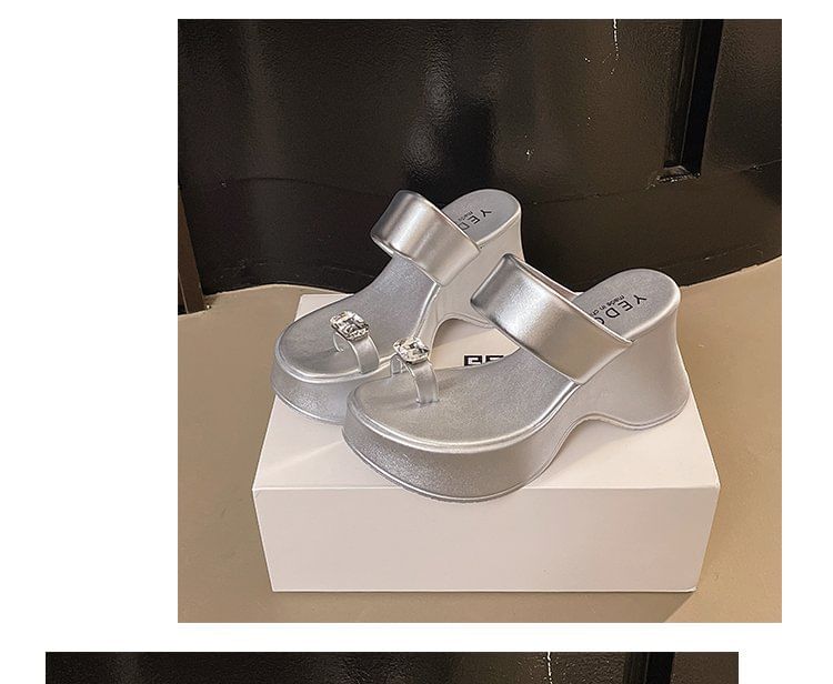 Toe Wedge Loop Platform Slide Rhinestone Heel Sandals