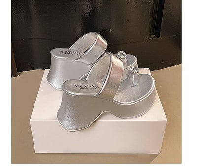 Toe Wedge Loop Platform Slide Rhinestone Heel Sandals