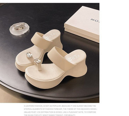 Toe Wedge Loop Platform Slide Rhinestone Heel Sandals