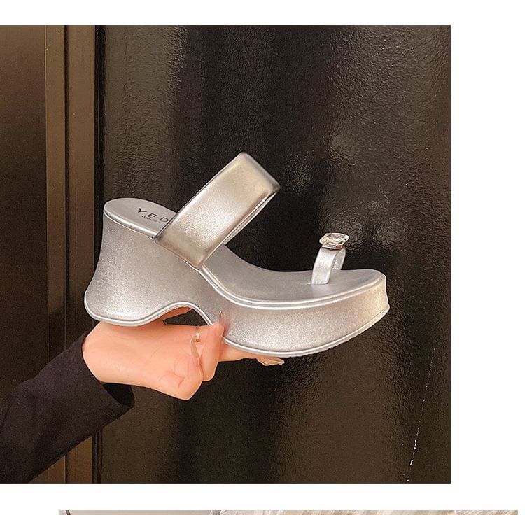 Toe Wedge Loop Platform Slide Rhinestone Heel Sandals