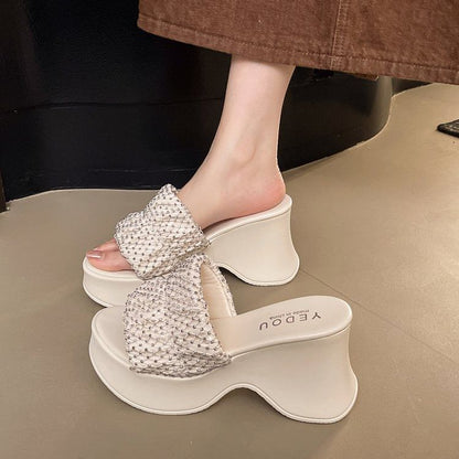 Sandals Slide Platform Rhinestone Wedge Heel