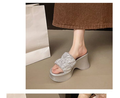 Sandals Slide Platform Rhinestone Wedge Heel