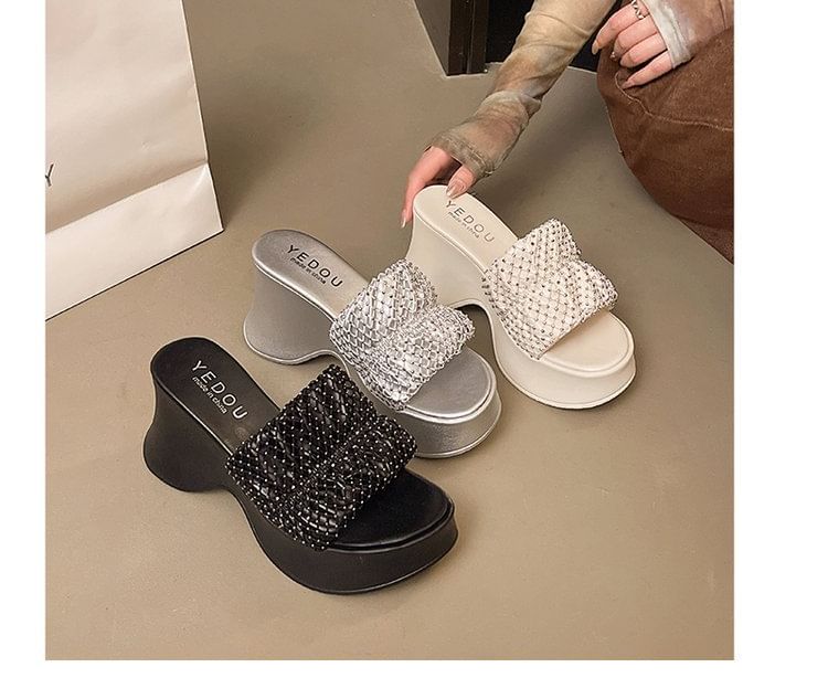 Sandals Slide Platform Rhinestone Wedge Heel