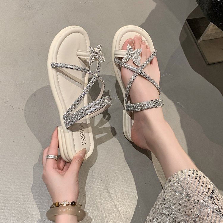 Cross Slide Toe Butterfly Rhinestone Criss Loop Sandals
