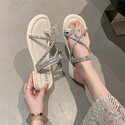 Cross Slide Toe Butterfly Rhinestone Criss Loop Sandals