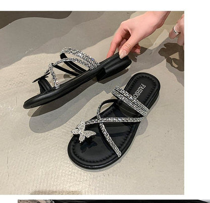 Cross Slide Toe Butterfly Rhinestone Criss Loop Sandals