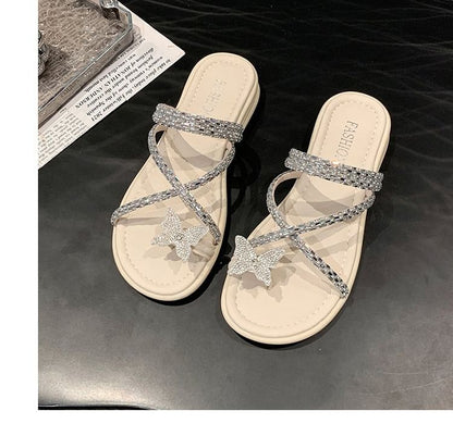 Cross Slide Toe Butterfly Rhinestone Criss Loop Sandals