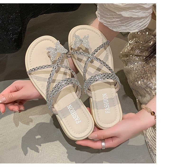 Cross Slide Toe Butterfly Rhinestone Criss Loop Sandals