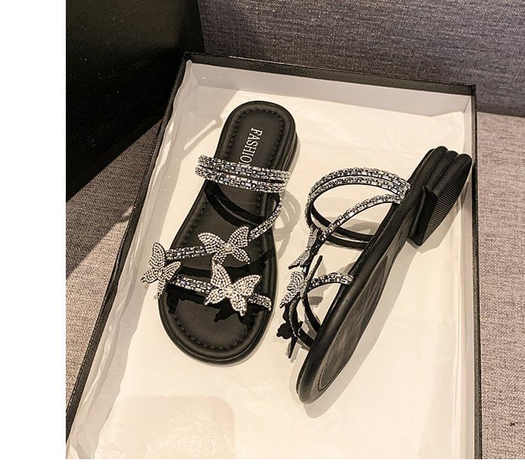 Slide Strappy Butterfly Sandals Rhinestone