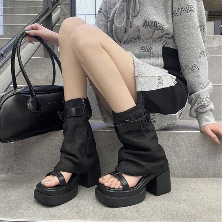 Chunky Buckled Set: Heel Warmers Slingback Platform Leg Sandals +