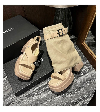 Chunky Buckled Set: Heel Warmers Slingback Platform Leg Sandals +