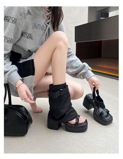 Chunky Buckled Set: Heel Warmers Slingback Platform Leg Sandals +