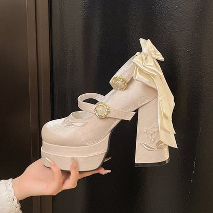 Jane Chunky Mary Heel Platform Shoes Embroidered Bow