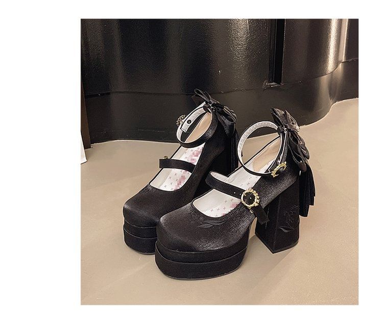 Jane Chunky Mary Heel Platform Shoes Embroidered Bow