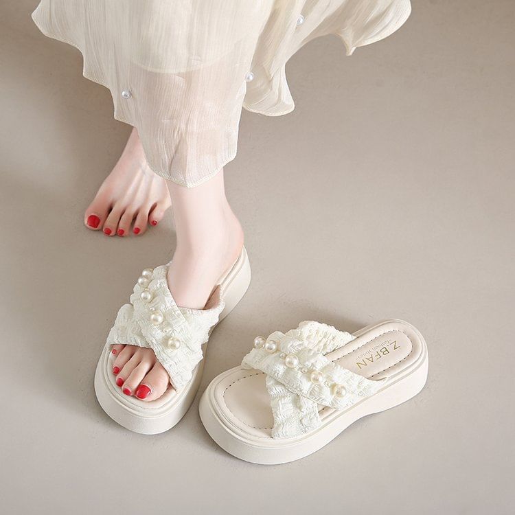 Pearl Criss Platform Faux Slide Sandals Cross