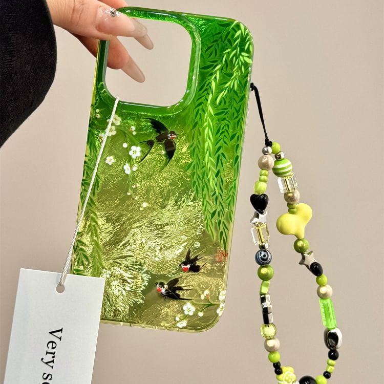 Swallow Print Phone Case / Heart Bead Phone Strap / Set