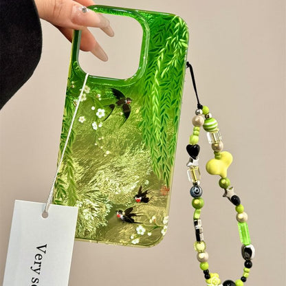 Swallow Print Phone Case / Heart Bead Phone Strap / Set