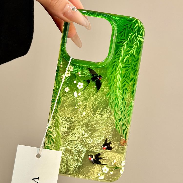 Swallow Print Phone Case / Heart Bead Phone Strap / Set