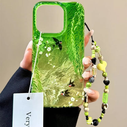 Swallow Print Phone Case / Heart Bead Phone Strap / Set